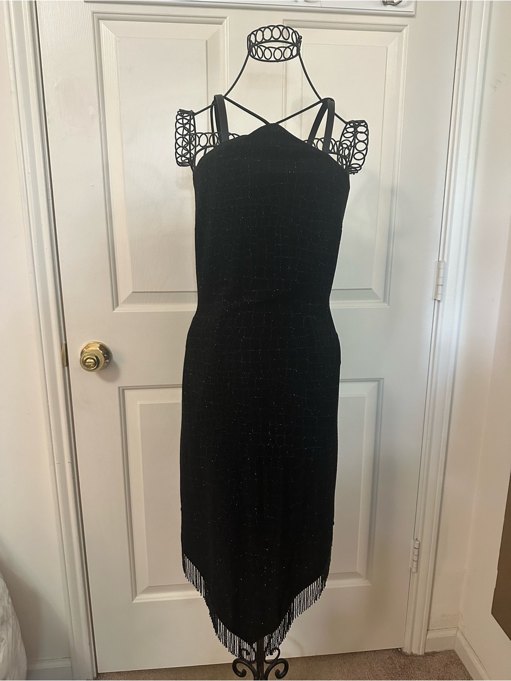 Vintage 90s Caché Beaded Fringe Cocktail Dress Black Size 6